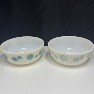 Small 5" Vintage Hazel Atlas Turquoise Polka Dots Mixing Nesting‎ Bowl Set Of 2